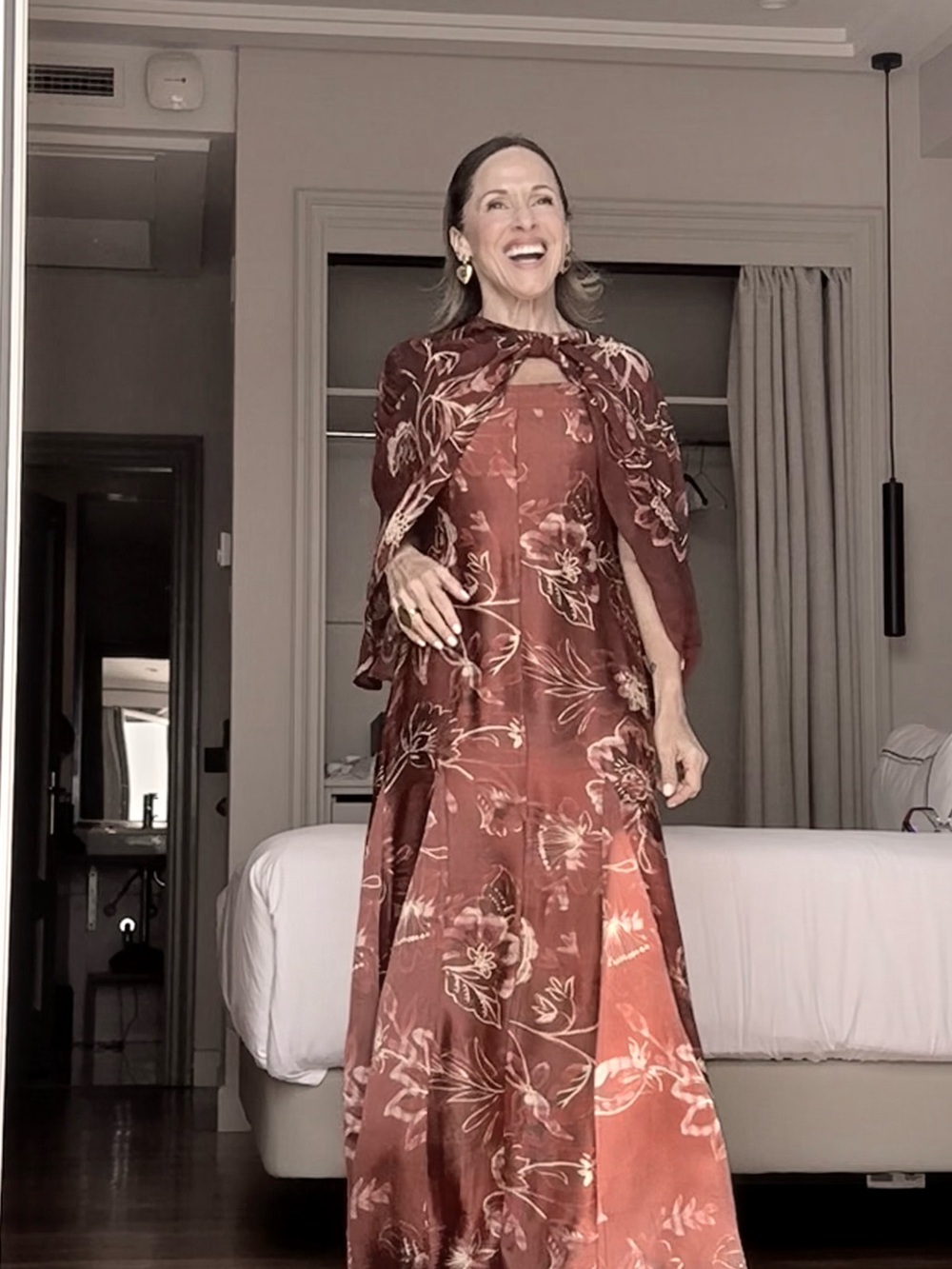 Rust Floral Maxi Dress with Capelet - Women